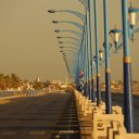 Dawn lights up a string of light poles along a beach front road