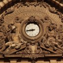 Ornate clocktower on old building in Bucharest