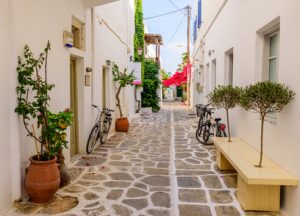 street in the old town of Parikia, Paros island, Cyclades, Greece.