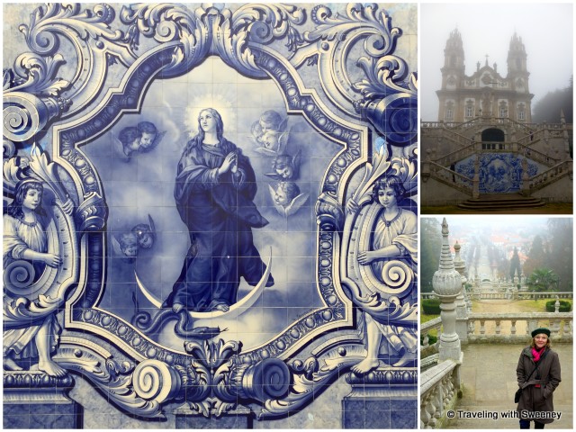 Gorgeous azulejo tiles adorn the terraced staircase from the city center to the Shrine of Our Lady of Remedies in Lamego — seen here in the morning fog