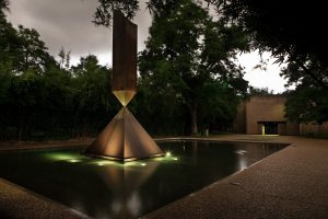 Interior and exterior views of the Rothco Chapel including the Broken Obelisk and fountain.