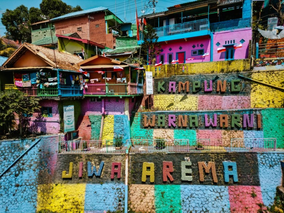 view of the hill side of the colorful Jodipan village in East Java