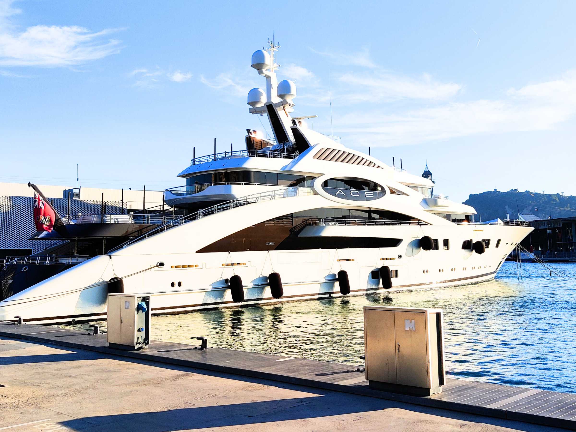 A luxurious white yacht named "ACE" docked at a marina under a clear blue sky, with calm waters reflecting the vessel, highlighting the elegance of sailing the Mediterranean.