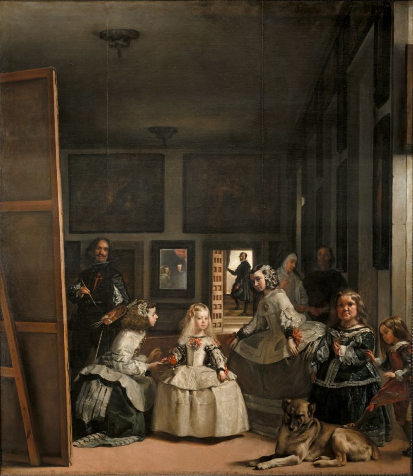 An iconic painting by Diego Velázquez, Las Meninas (1656–57), depicting a richly detailed scene in the Spanish court. The composition centers on the Infanta Margarita surrounded by her attendants, including maids of honor, a dwarf, and a dog, while Velázquez himself appears painting on a large canvas. The room features a play of light and shadow, emphasizing the spatial depth and the intricate interplay between the figures and their environment. Oil on canvas, Museo del Prado, Madrid.