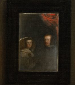 A close-up of the mirror detail from Diego Velázquez's Las Meninas (1656), featuring a reflection of King Philip IV and Queen Mariana of Austria. This fragment, painted in oil on canvas, captures the royal couple's image as seen in the mirror within the scene. The work is housed in the Museo del Prado, Madrid.