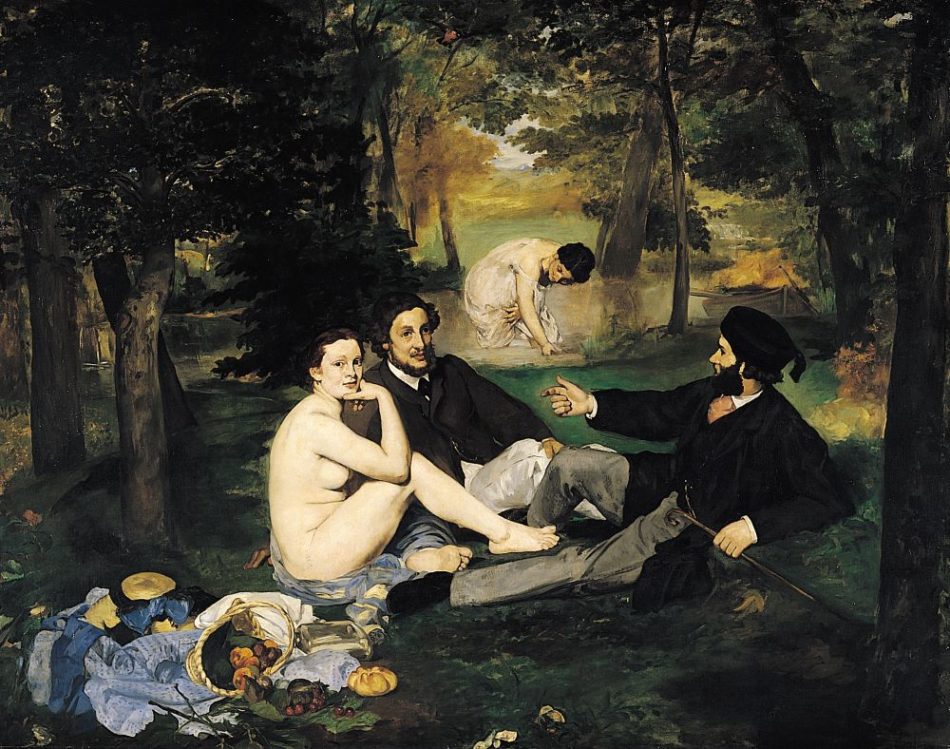 Édouard Manet's Le Déjeuner sur l'herbe (1863): A large oil painting depicting two fully dressed men and a nude woman seated on grass in a forested area, with a second woman in a light dress bathing in the background. The scene features a picnic with scattered food and drink, set against a lush, natural backdrop. Currently housed at the Musée d'Orsay, Paris.